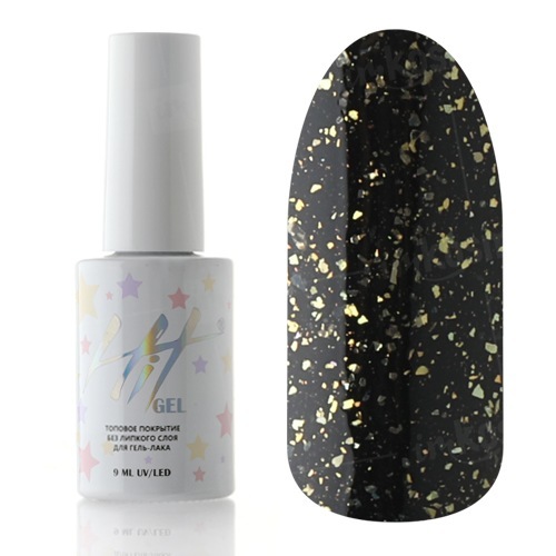 HIT gel, Disco Top Gold - Топовое покрытие для гель-лака без липкого слоя с поталью (9 мл)