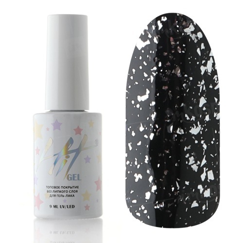 HIT gel, Disco Top Silver - Топовое покрытие для гель-лака без липкого слоя с поталью (9 мл)
